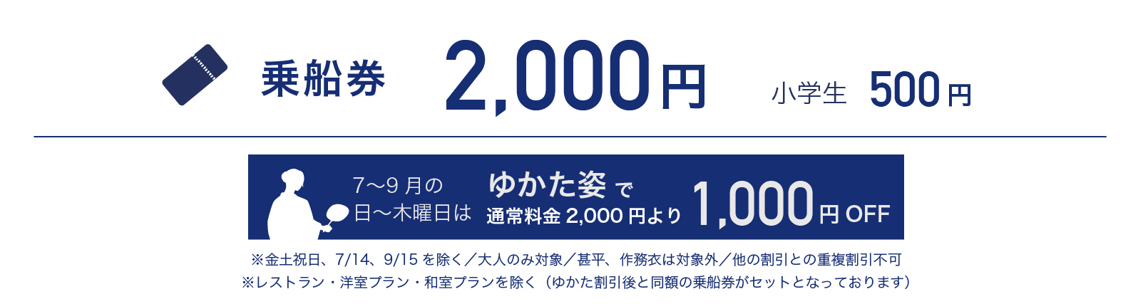 乗船券 2,000円／小学生：500円／7〜9月の月曜日から木曜日はゆかた姿で1000円OFF